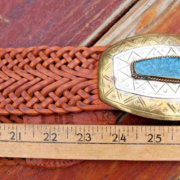 Chico's Moroccan Brown Leather Woven Belt Brass Silver Tone Buckle L - Picture 11 of 15